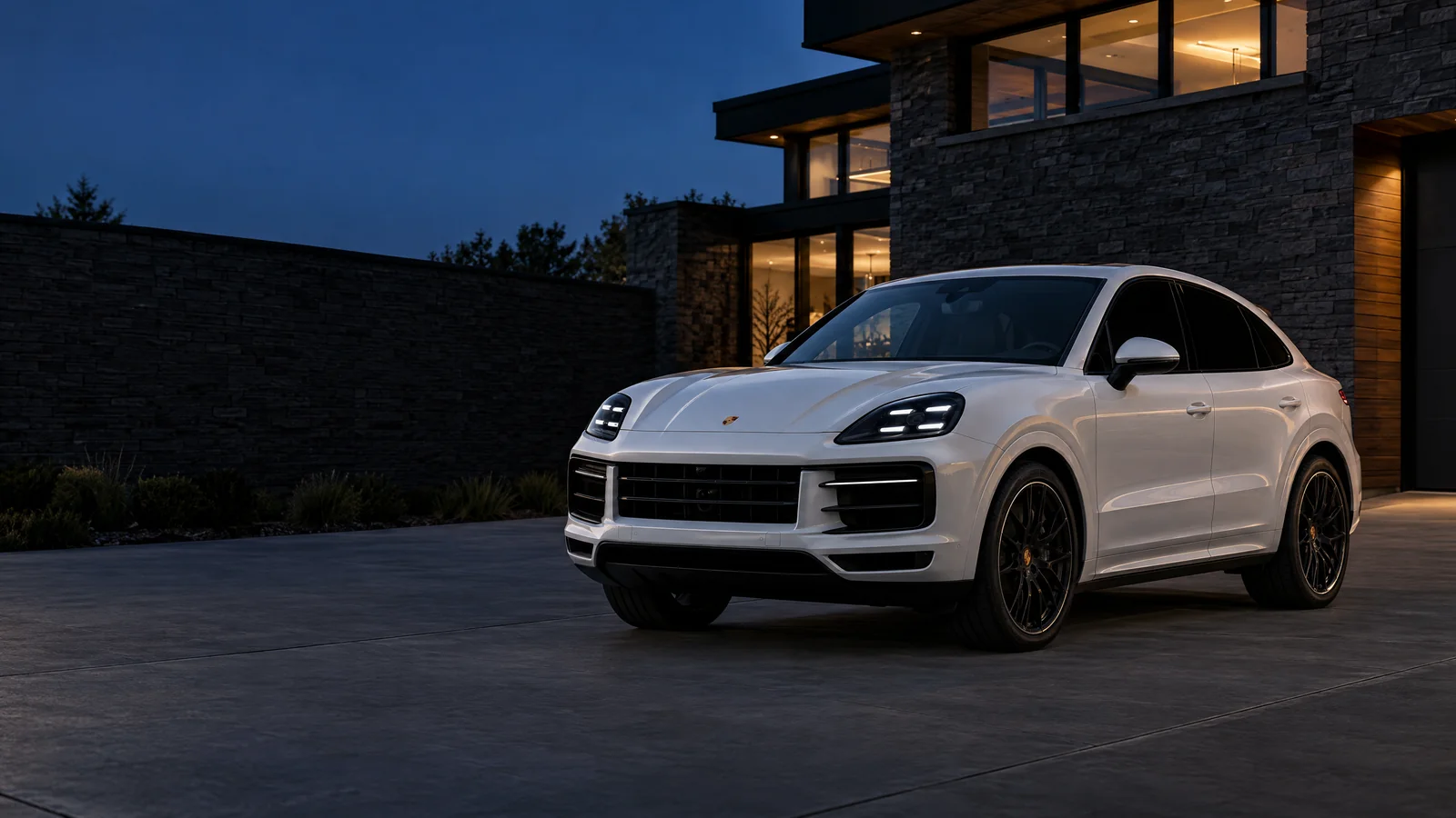 White Porsche Cayenne Coupe with very dark tinted windows on a driveway at dusk